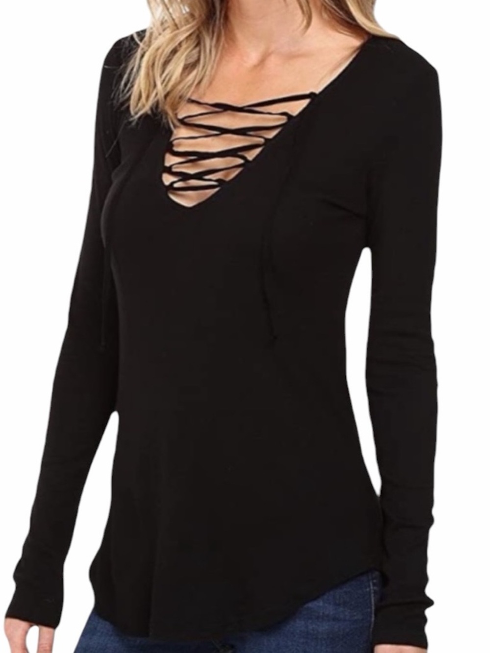 Splendid Black Light Weight Knit Long Sleeve Lace Up Top S